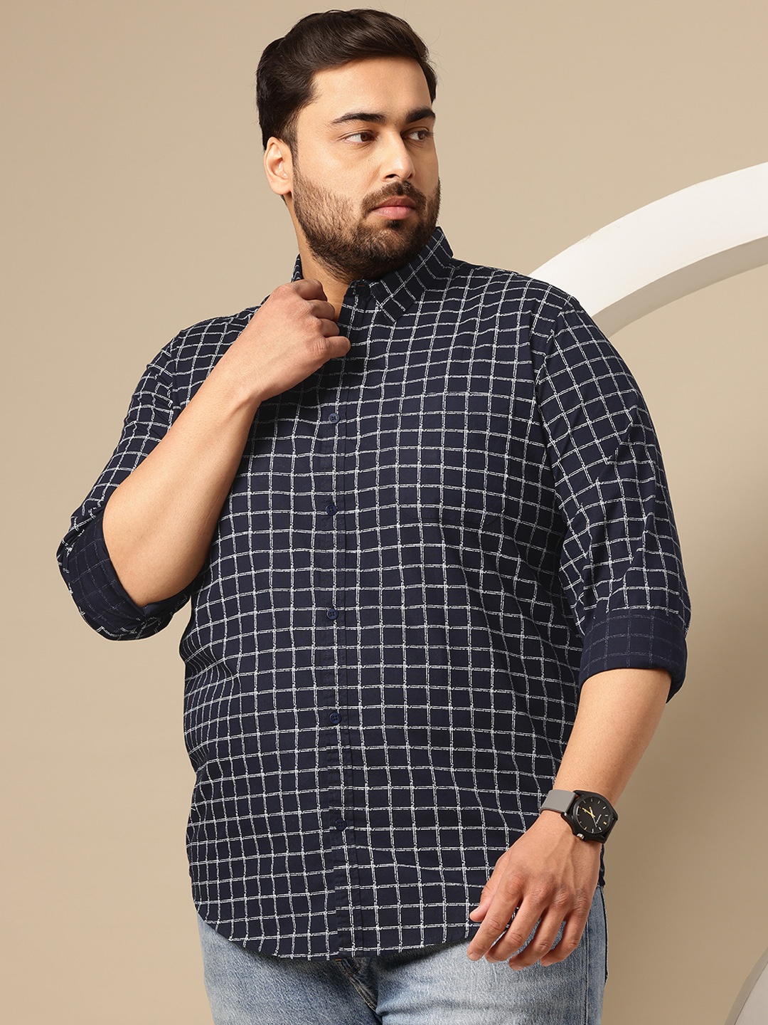 

Sztori Plus Size Premium Grid Tattersall Checked Pure Cotton Casual Shirt, Navy blue
