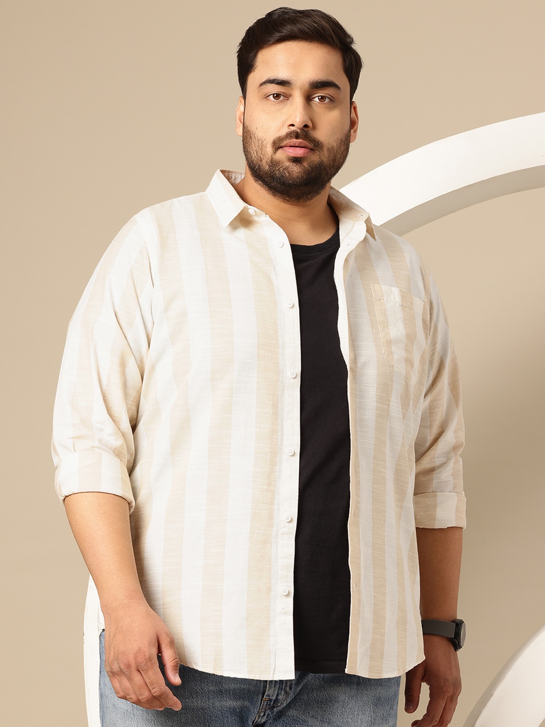 

Sztori Plus Size Premium Striped Pure Cotton Casual Shirt, Beige