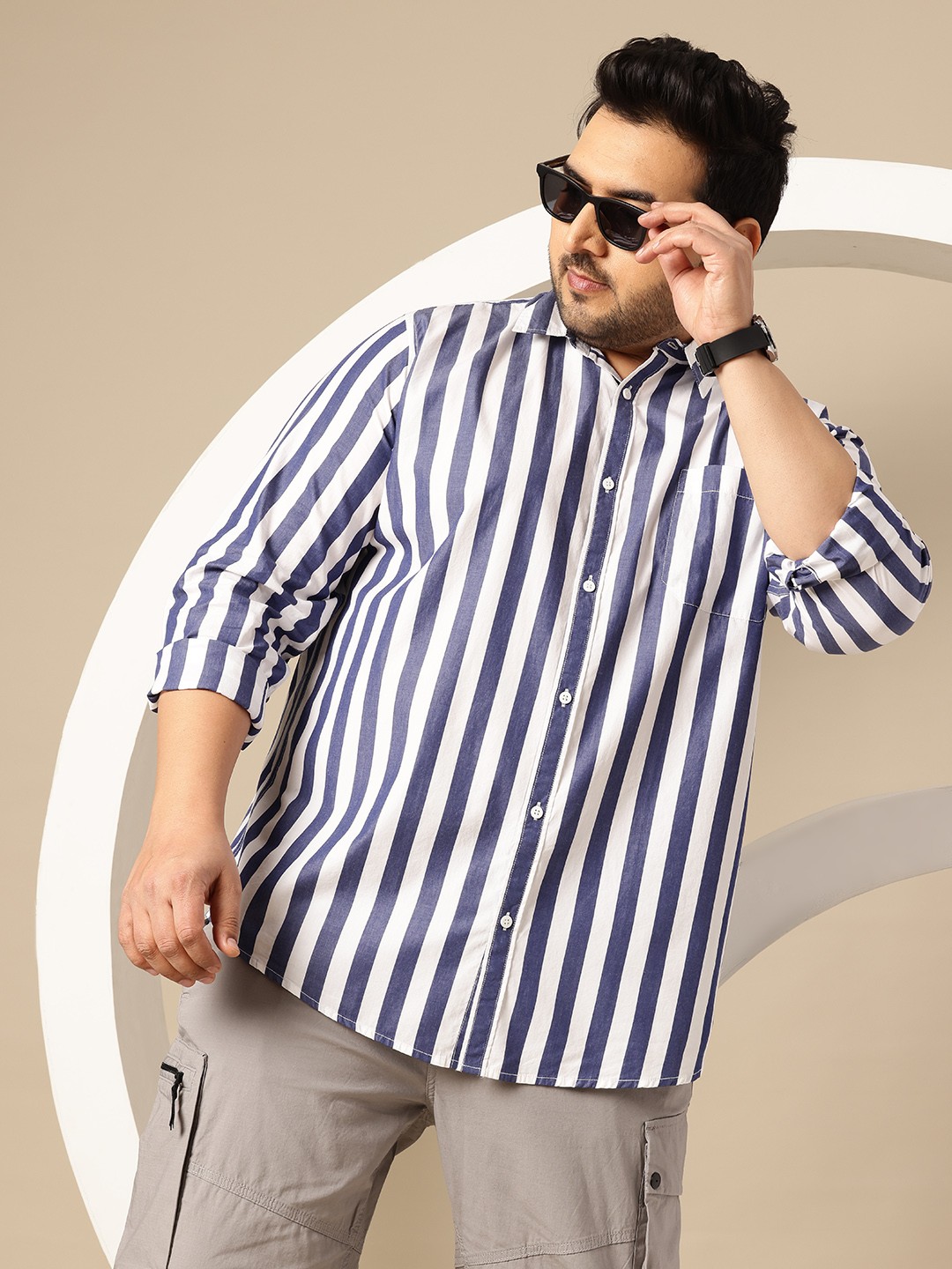 

Sztori Plus Size Premium Striped Pure Cotton Casual Shirt, Navy blue