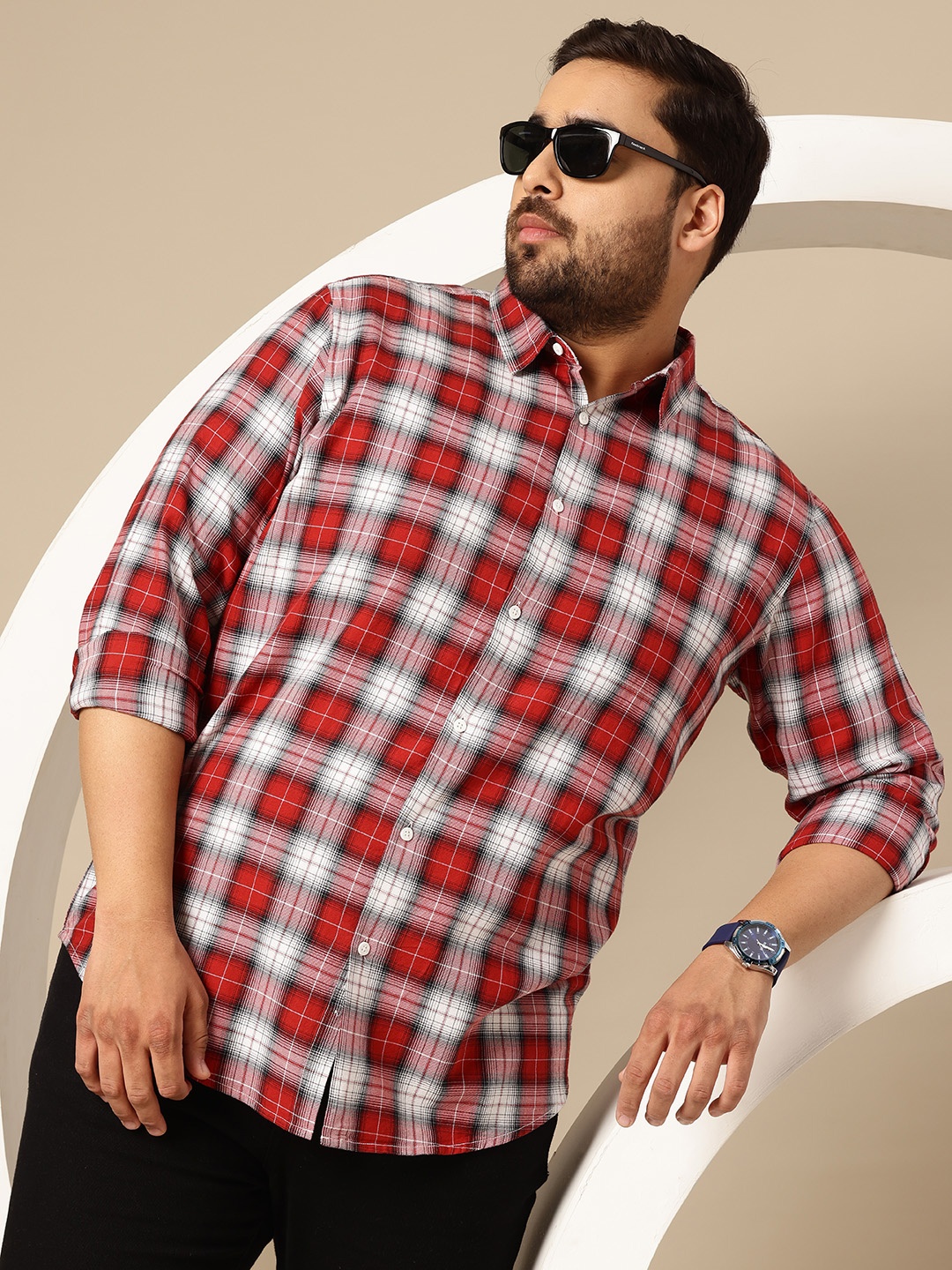 

Sztori Plus Size Premium Tartan Checked Pure Cotton Casual Shirt, Red