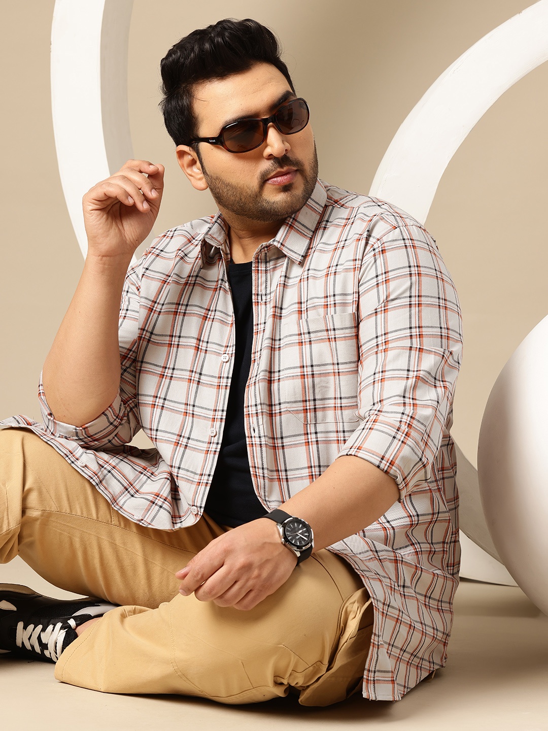 

Sztori Plus Size Premium Checked Pure Cotton Casual Shirt, Beige
