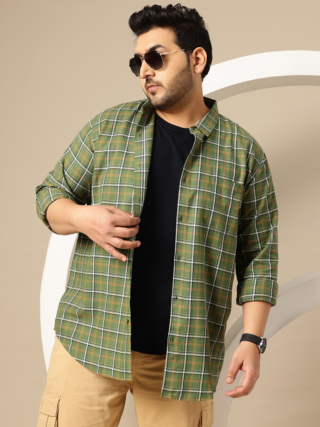 

Sztori Plus Size Premium Checked Pure Cotton Casual Shirt, Green