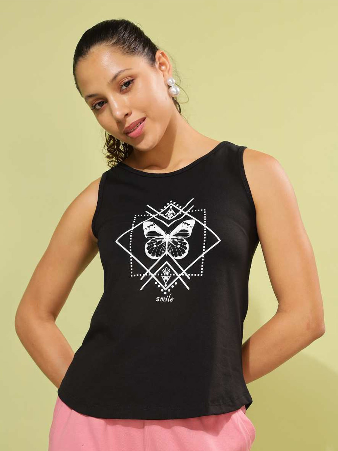 Dollar Geometric Print Cotton Top, Black