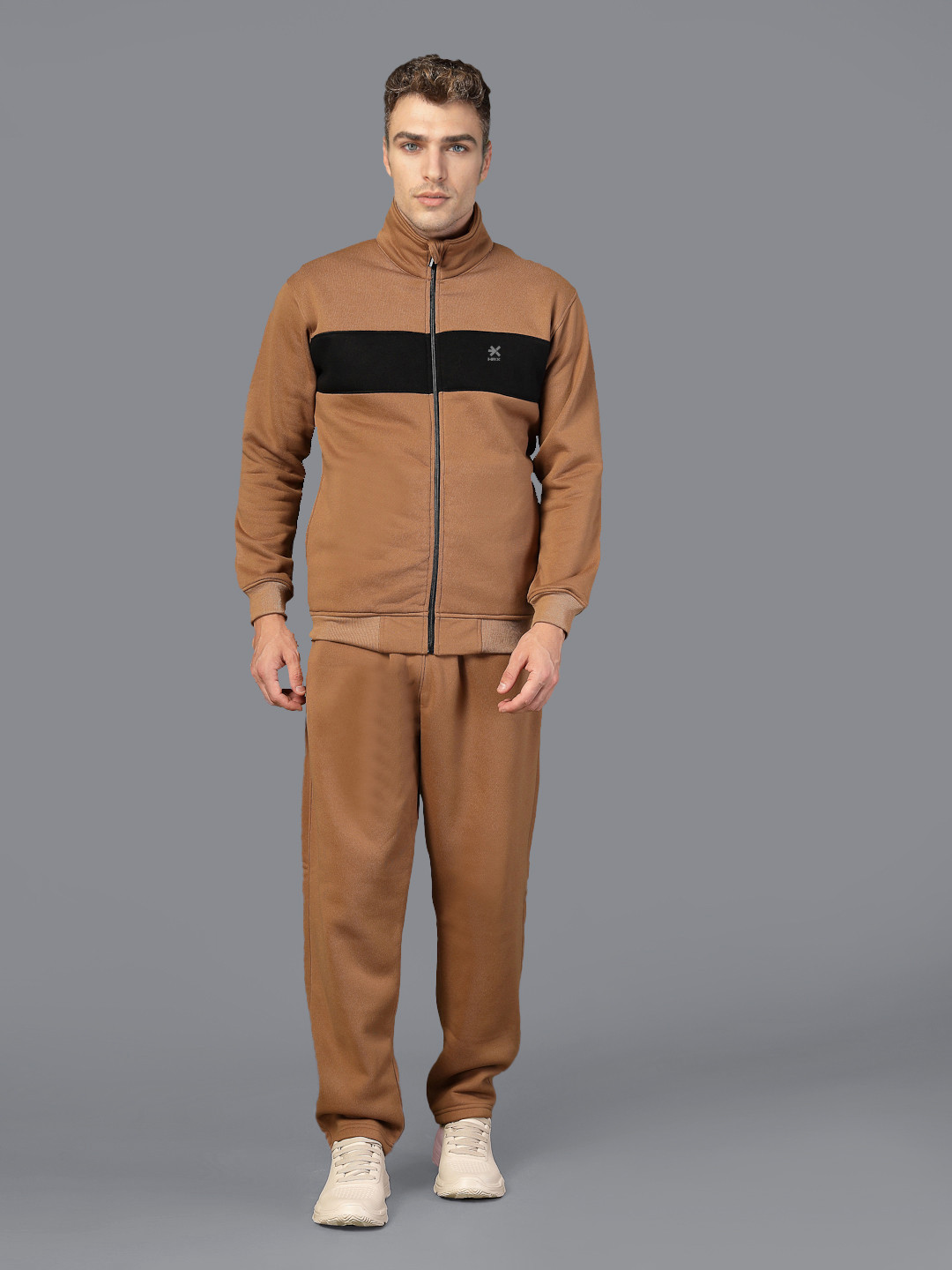 

HRX by Hrithik Roshan Men Rapid-Dry Colourblock Running Zipper Track Suit, Brown