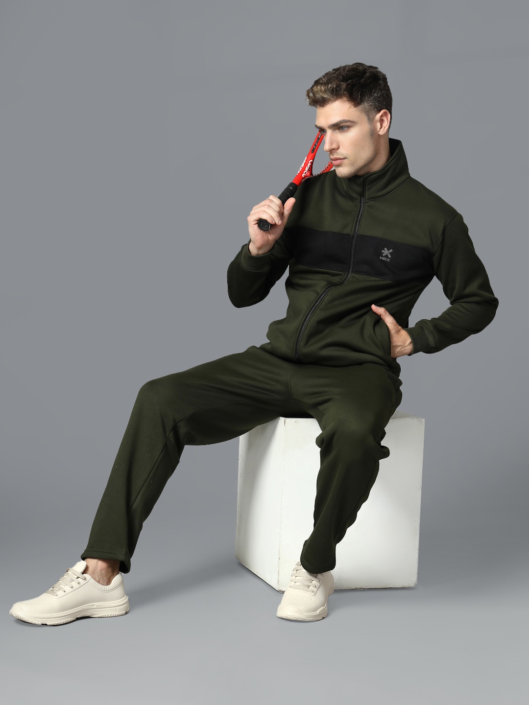 

HRX by Hrithik Roshan Men Rapid-Dry Colourblock Running Zipper Track Suit, Olive