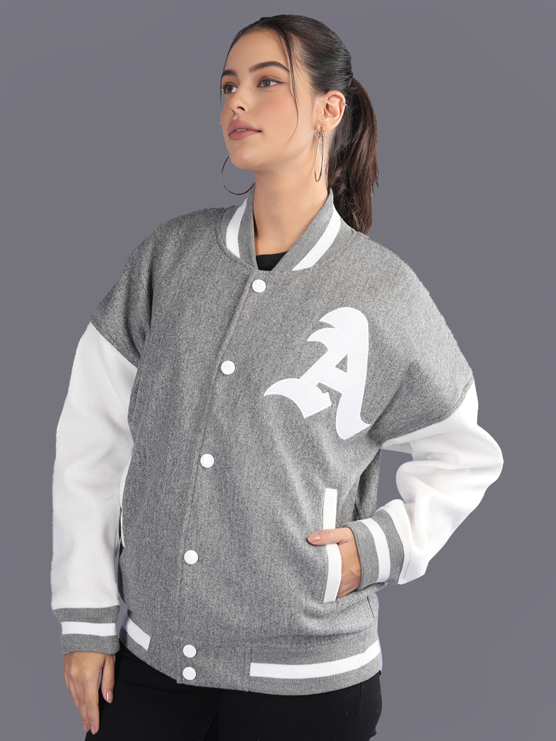 

HRX by Hrithik Roshan Women Colourblocked Stand Collar Oversized Varsity Jacket, Grey