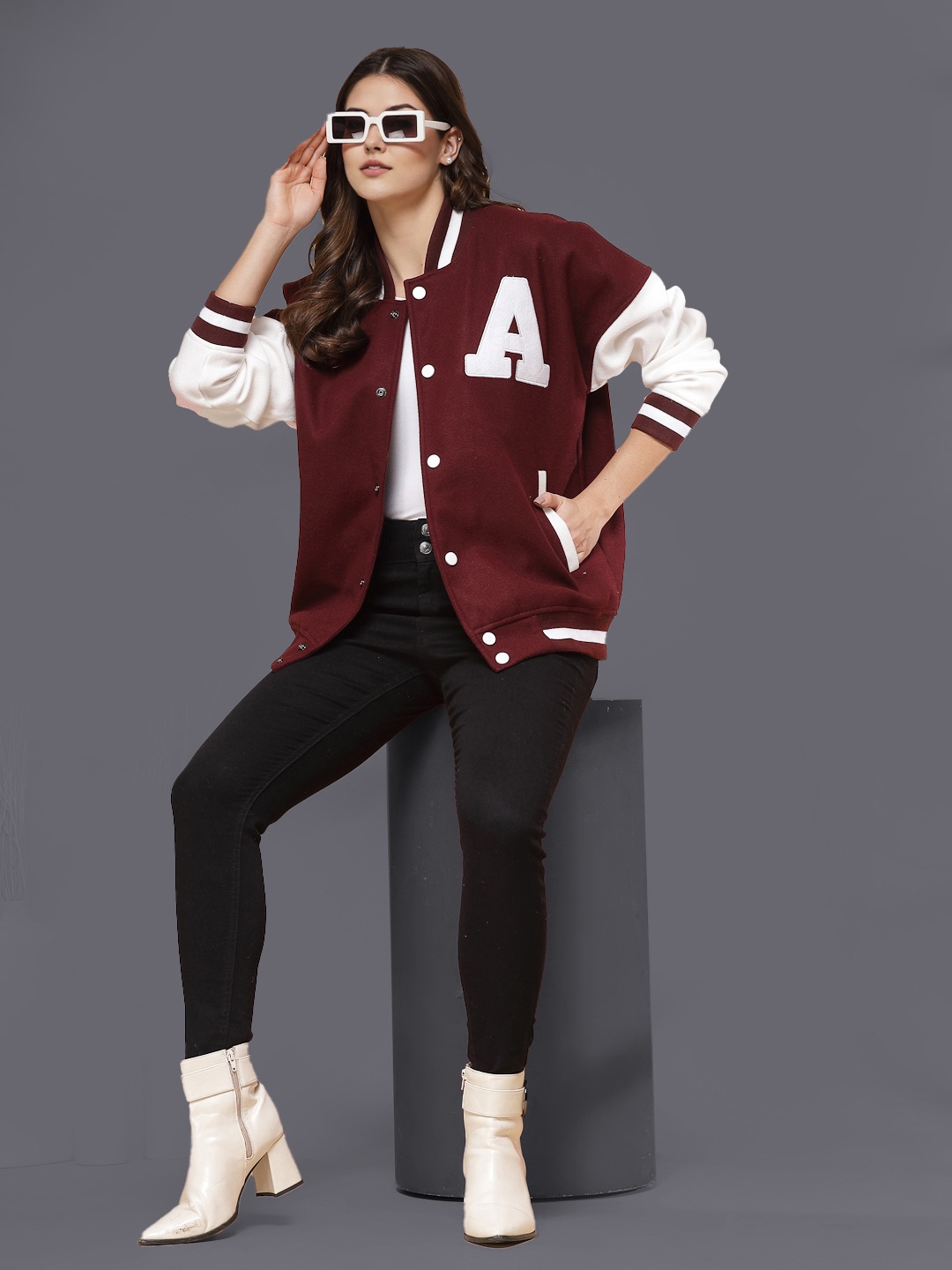 

HRX by Hrithik Roshan Women Colourblocked Stand Collar Oversized Varsity Jacket, Red