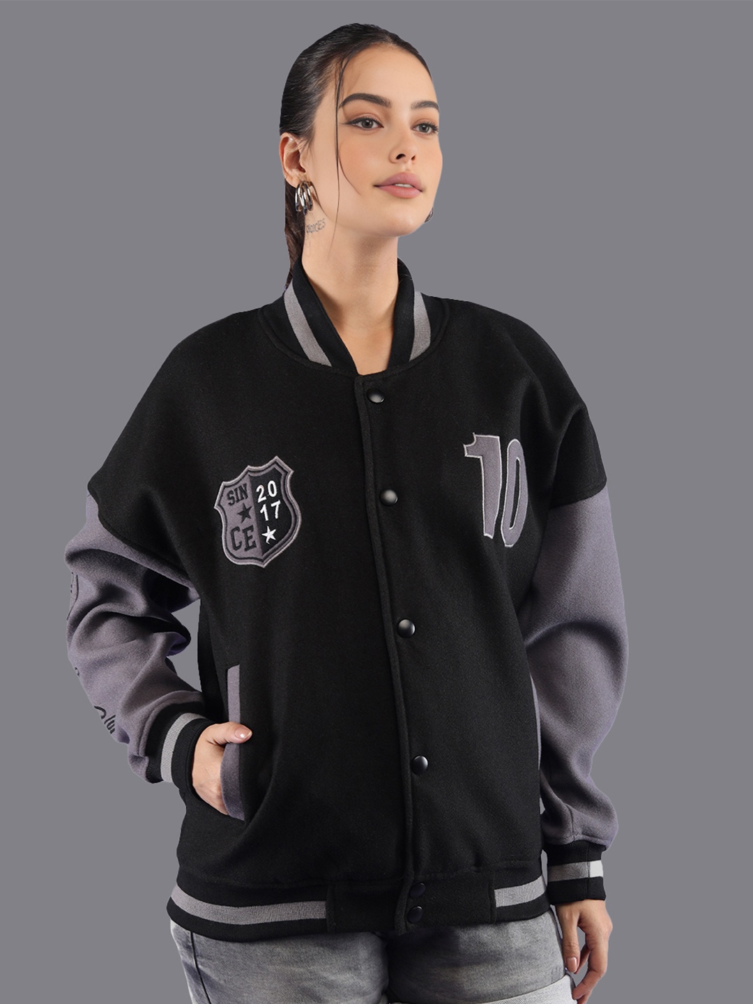 

HRX by Hrithik Roshan Women Colourblocked Stand Collar Oversized Varsity Jacket, Black