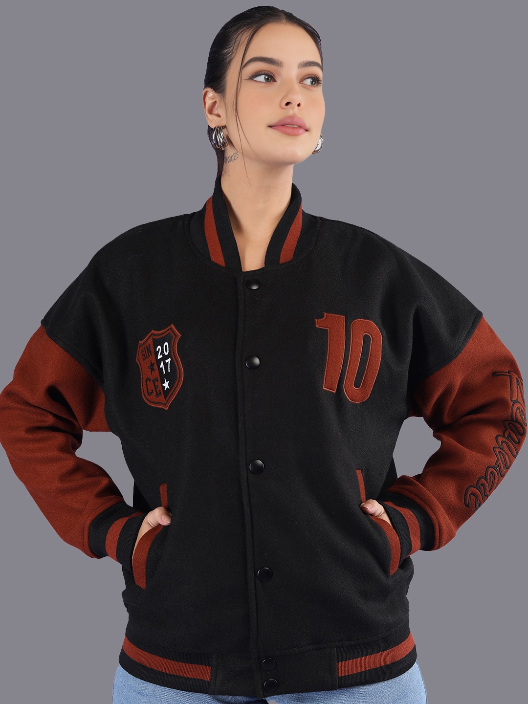 

HRX by Hrithik Roshan Women Colourblocked Stand Collar Oversized Varsity Jacket, Black