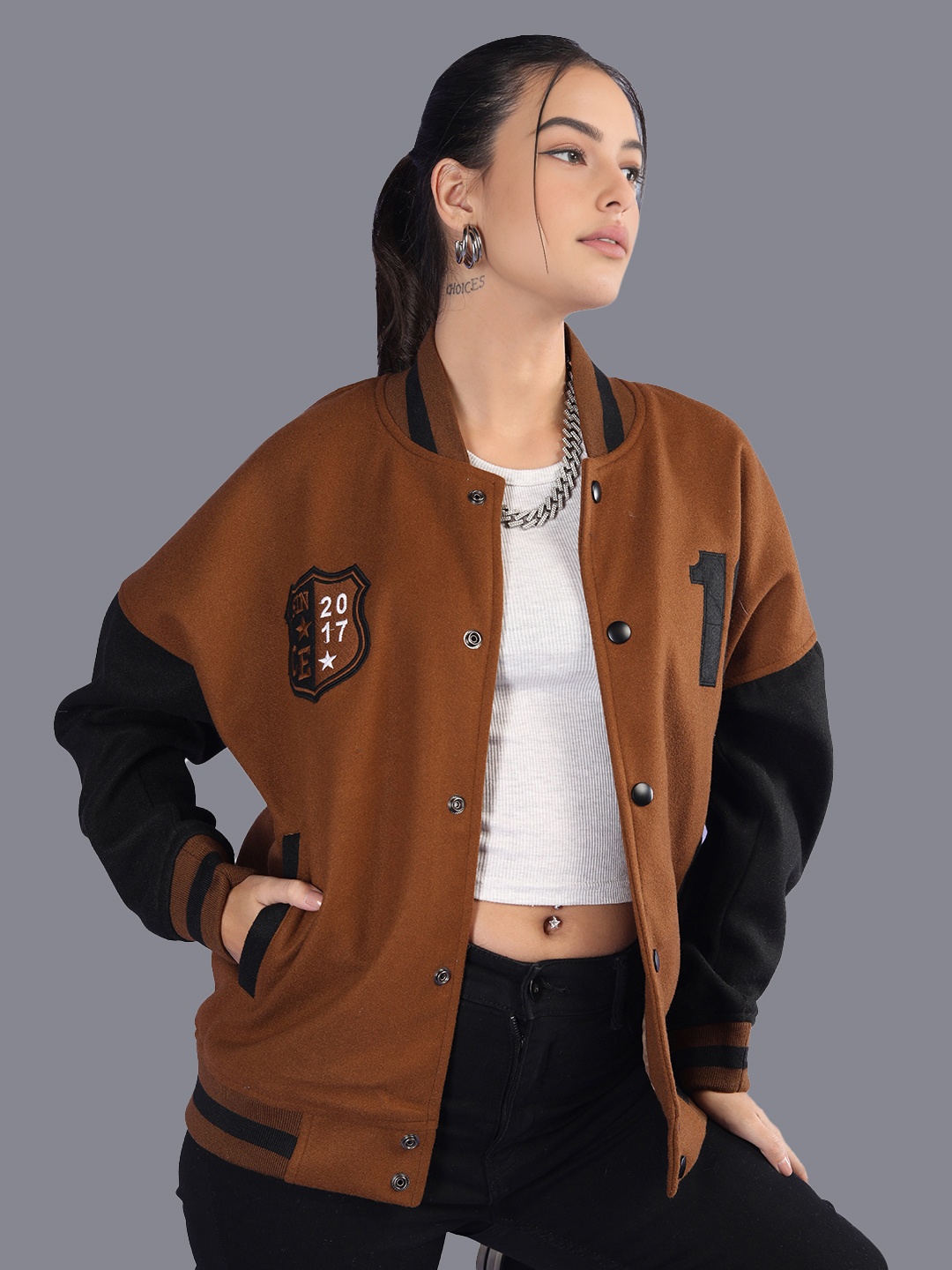 

HRX by Hrithik Roshan Women Colourblocked Stand Collar Oversized Varsity Jacket, Brown