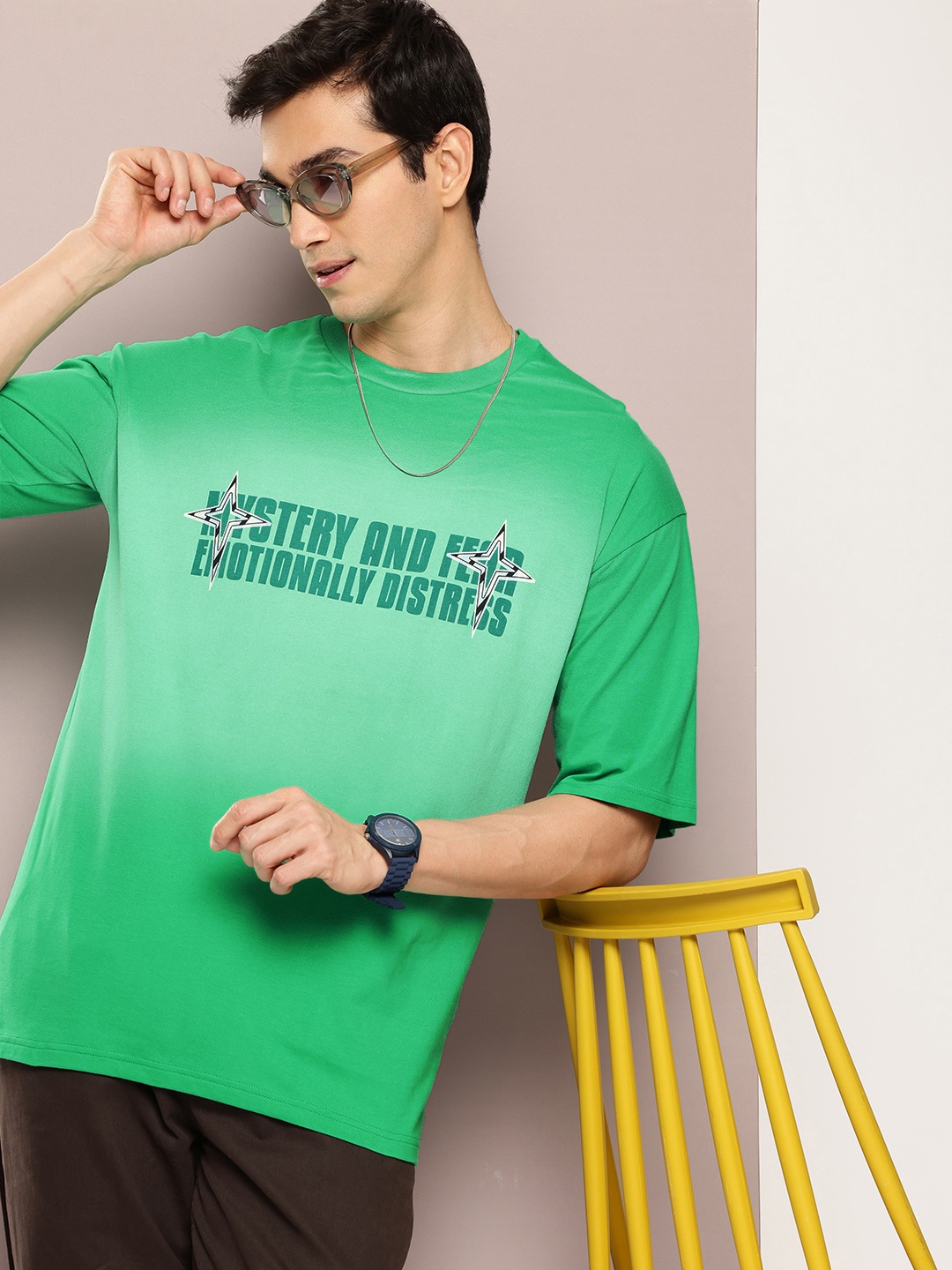 

Kook N Keech Tie and Dye Drop-Shoulder Sleeves Pure Cotton Oversized T-shirt, Green