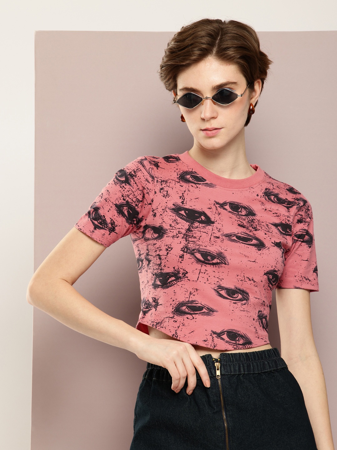 

Kook N Keech Slim Fit Graphic Printed Pure Cotton Crop T-shirt, Coral