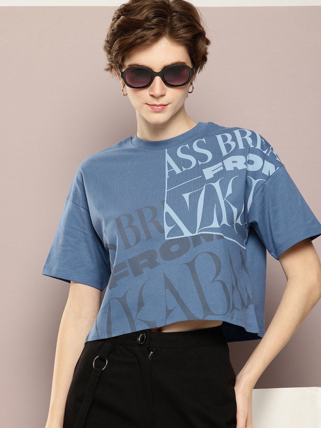 

Kook N Keech Printed Drop-Shoulder Sleeves Pure Cotton Boxy T-shirt, Blue