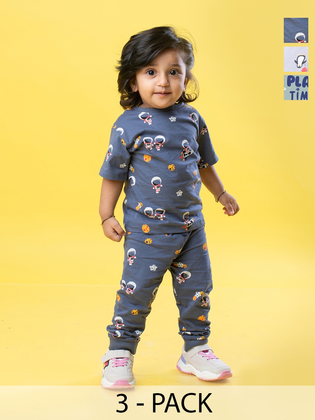 

Orange Sugar Kids Pack of 3 Pant Play, Penguin & Space Printed Pure Cotton Night suits, Grey