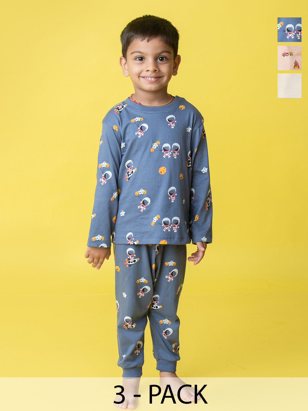 

Orange Sugar Kids Pack of 3 Pant Giraffe, Beep Farm, Space Printed Pure Cotton Night suits, Blue