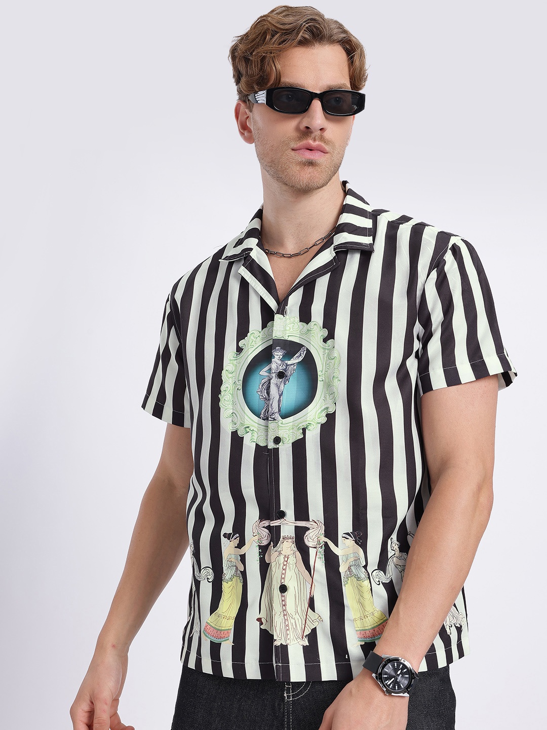 

glitchez Monochrome Chic Striped Relaxed Fit Shirt, Off white