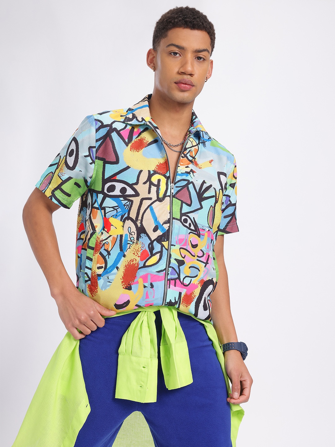 

glitchez Street Art Zip Placket Shirt, Blue