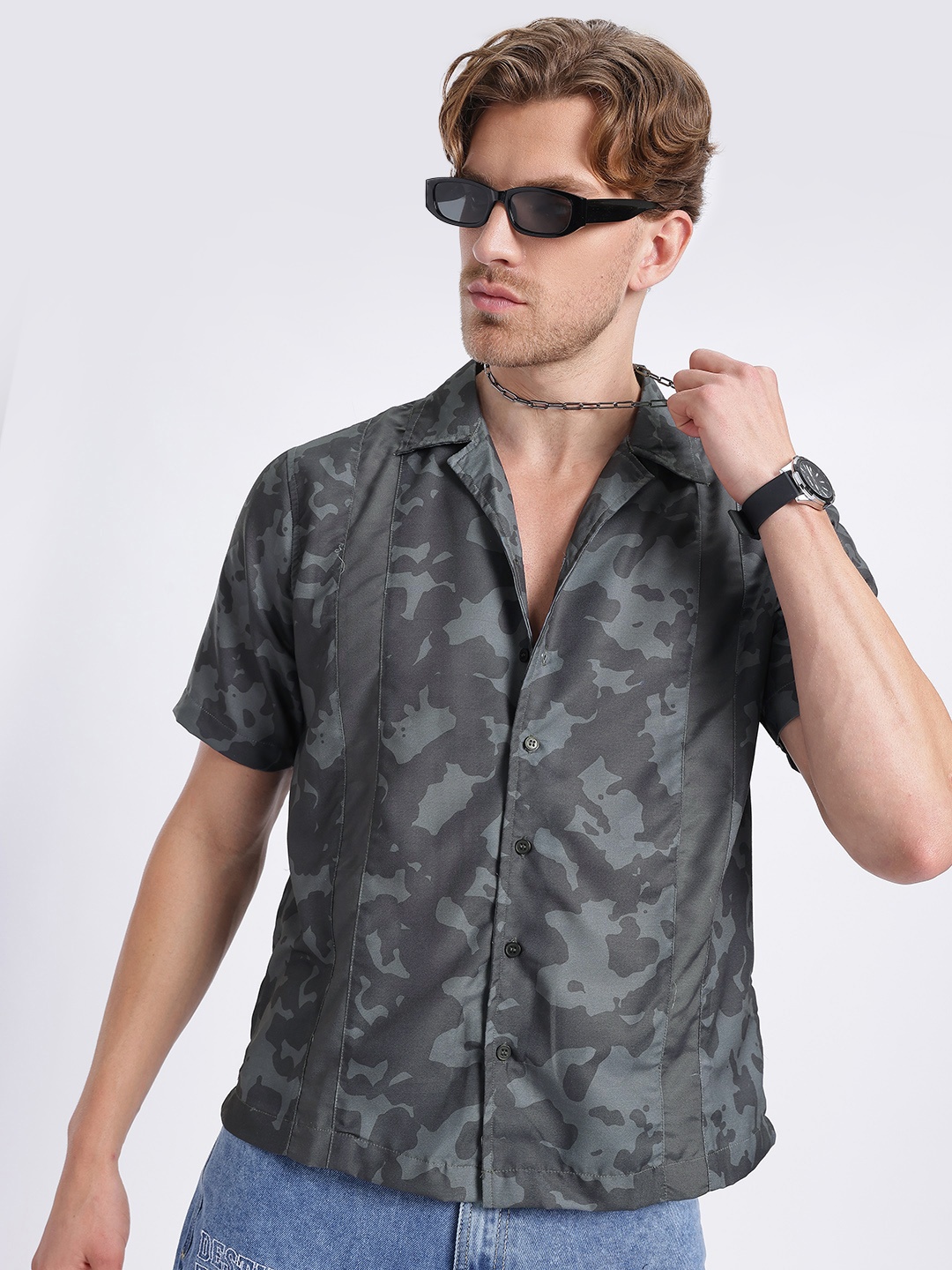 

glitchez Camo Couture Printed Paneled Relaxed Fit Shirt, Olive