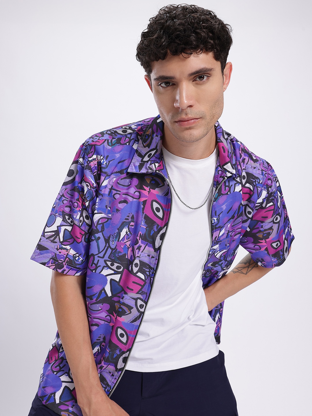 

glitchez Eye For Detail Conversational Print Relaxed Shirt, Purple