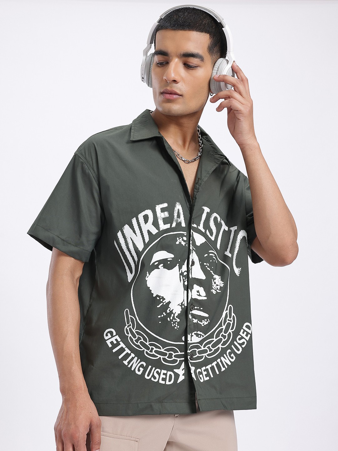 

glitchez Graphic Grunge Drop-Shoulder Relaxed Shirt, Charcoal