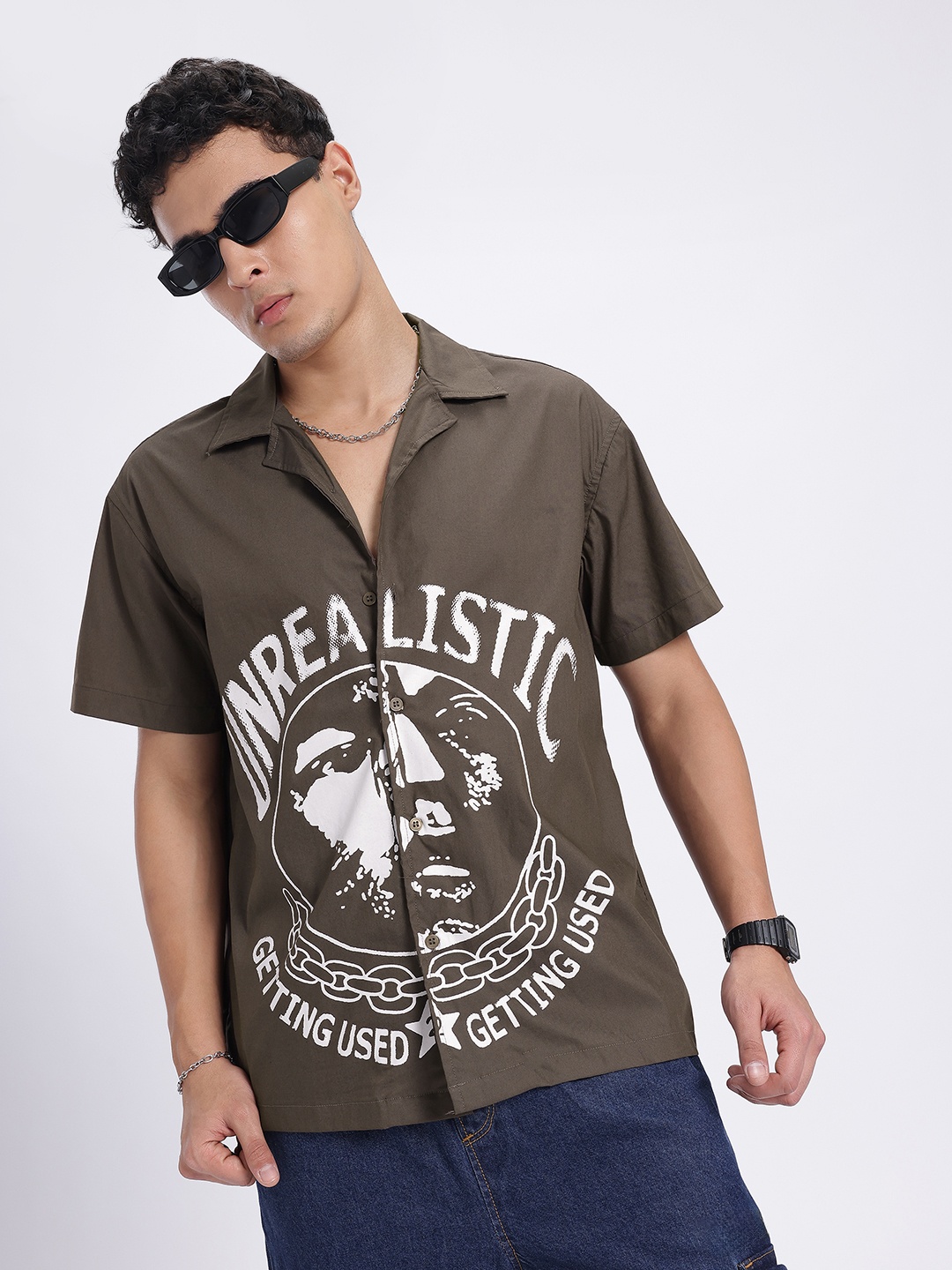 

glitchez Playful Yet Mysterious Printed Relaxed Fit Pure Cotton Shirt, Brown