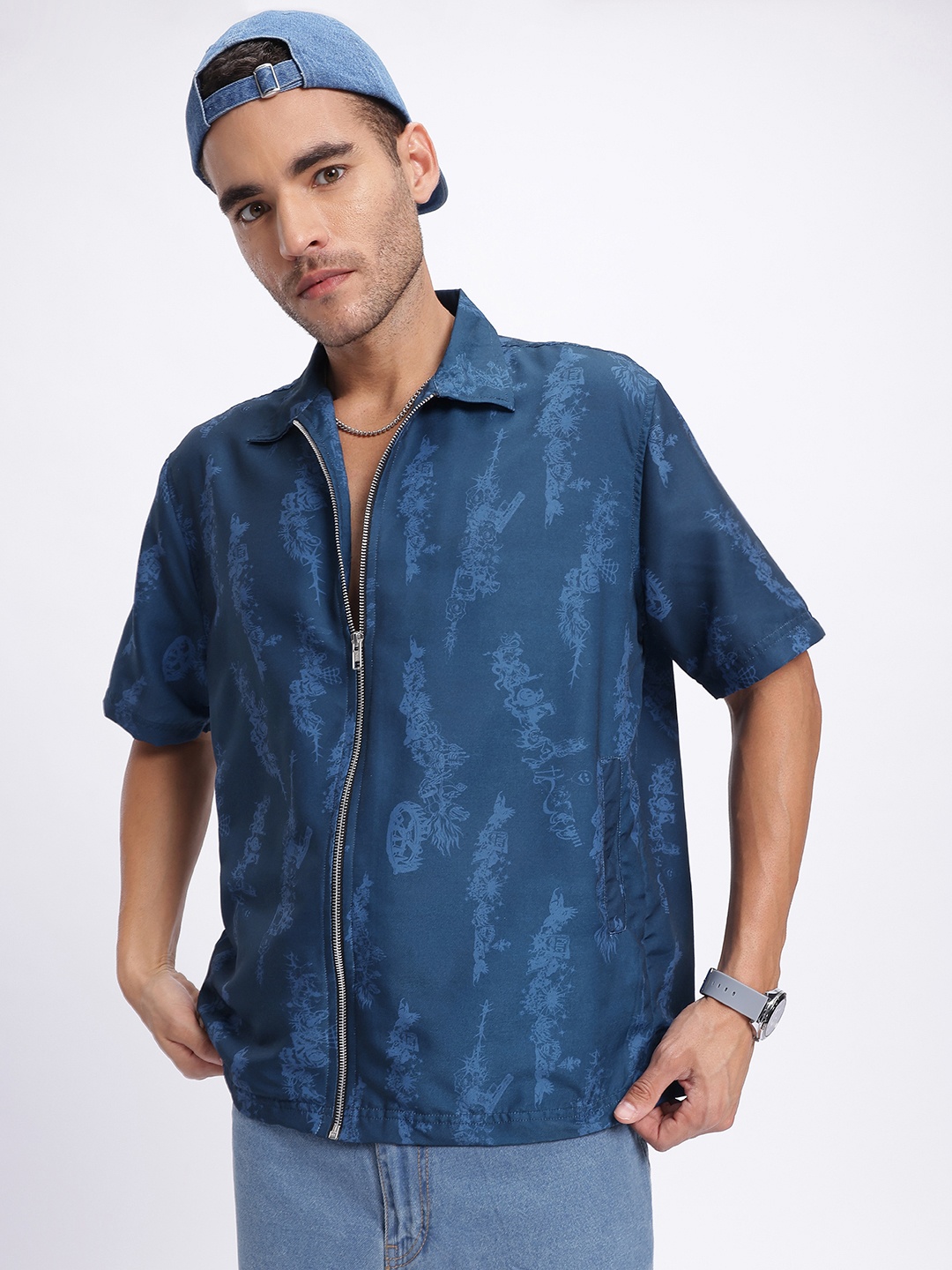 

glitchez Relaxed Drip Printed Zippered Shirt, Navy blue