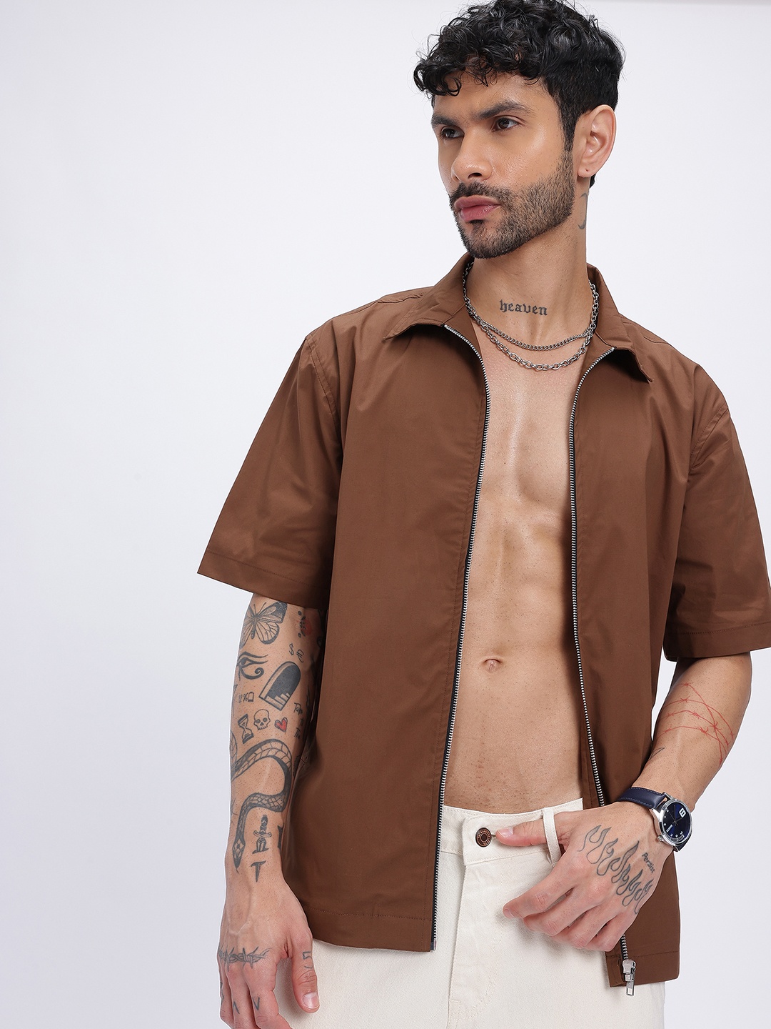 

glitchez Streetwise Stitch Zip Closure Relaxed Fit Shirt, Brown