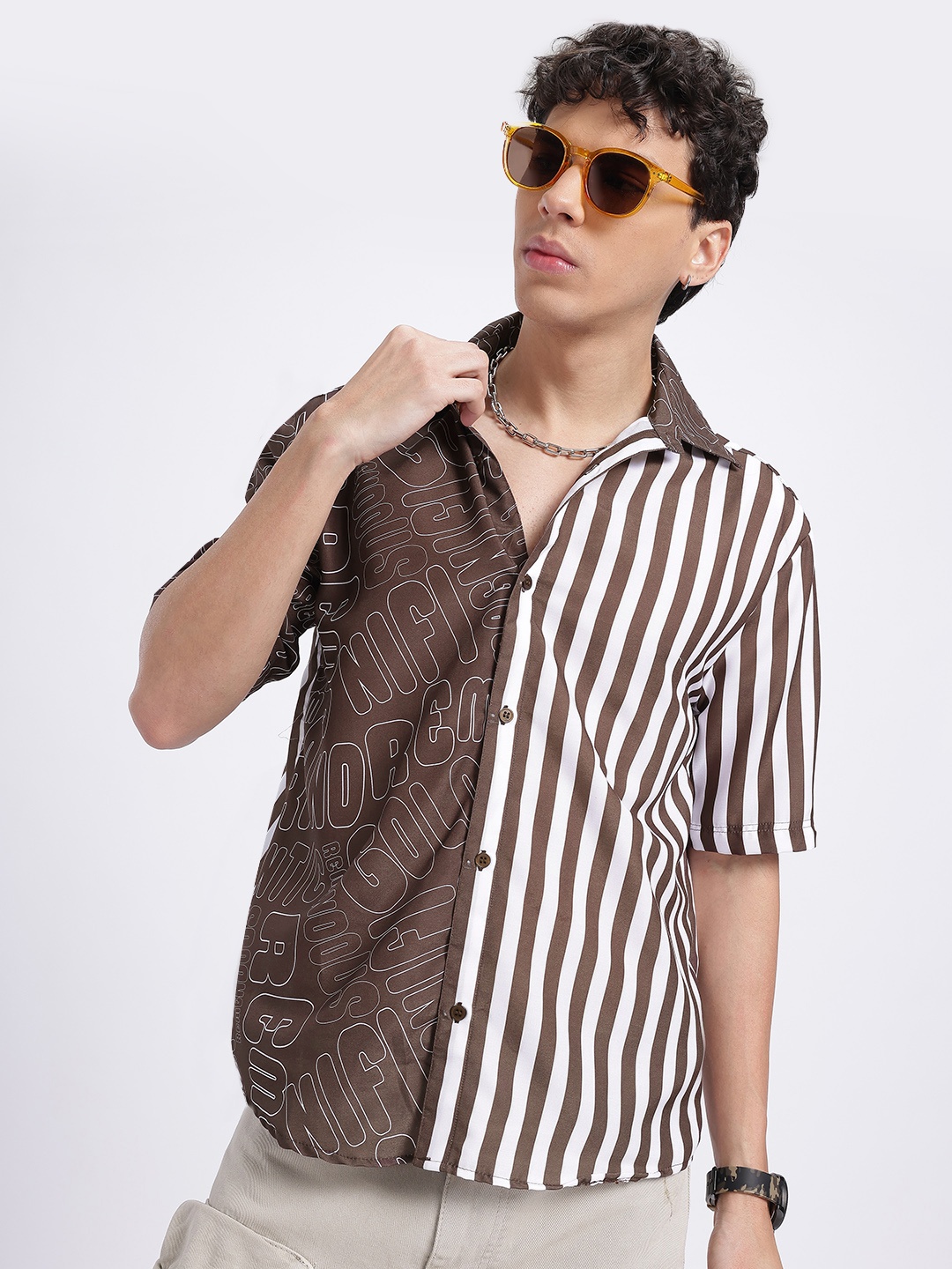 

glitchez Typographic Grunge Vertically Striped Relaxed Fit Shirt, Brown