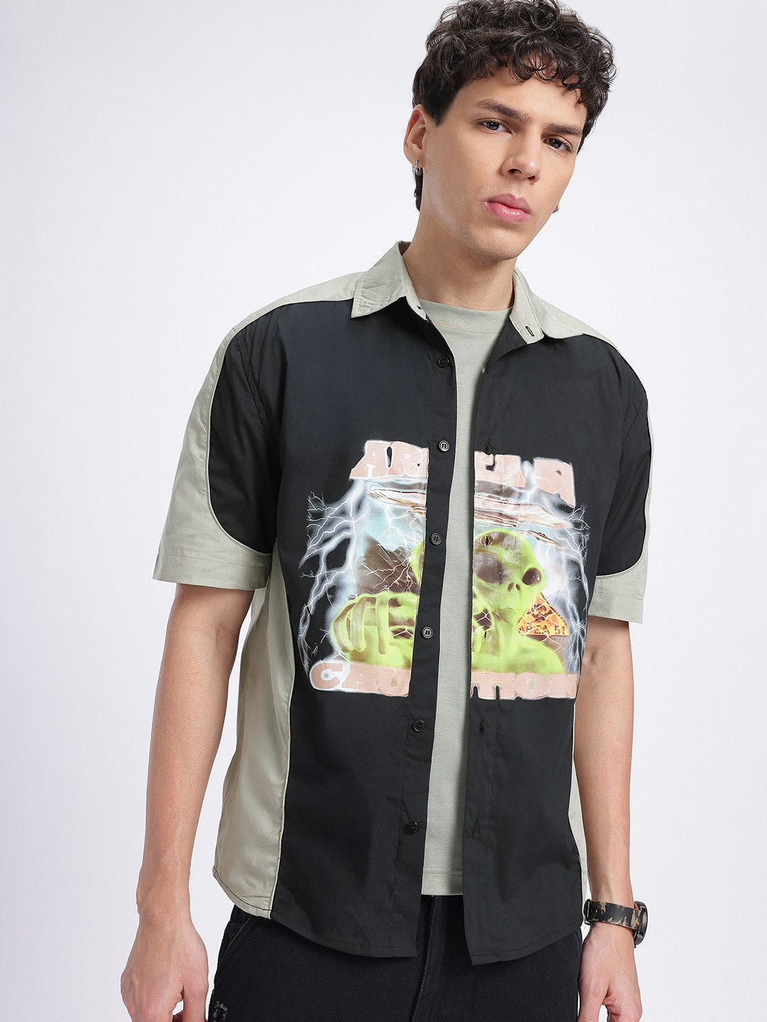 

glitchez Contrast Charm Graphic Print Pure Cotton Relaxed Fit Shirt, Black