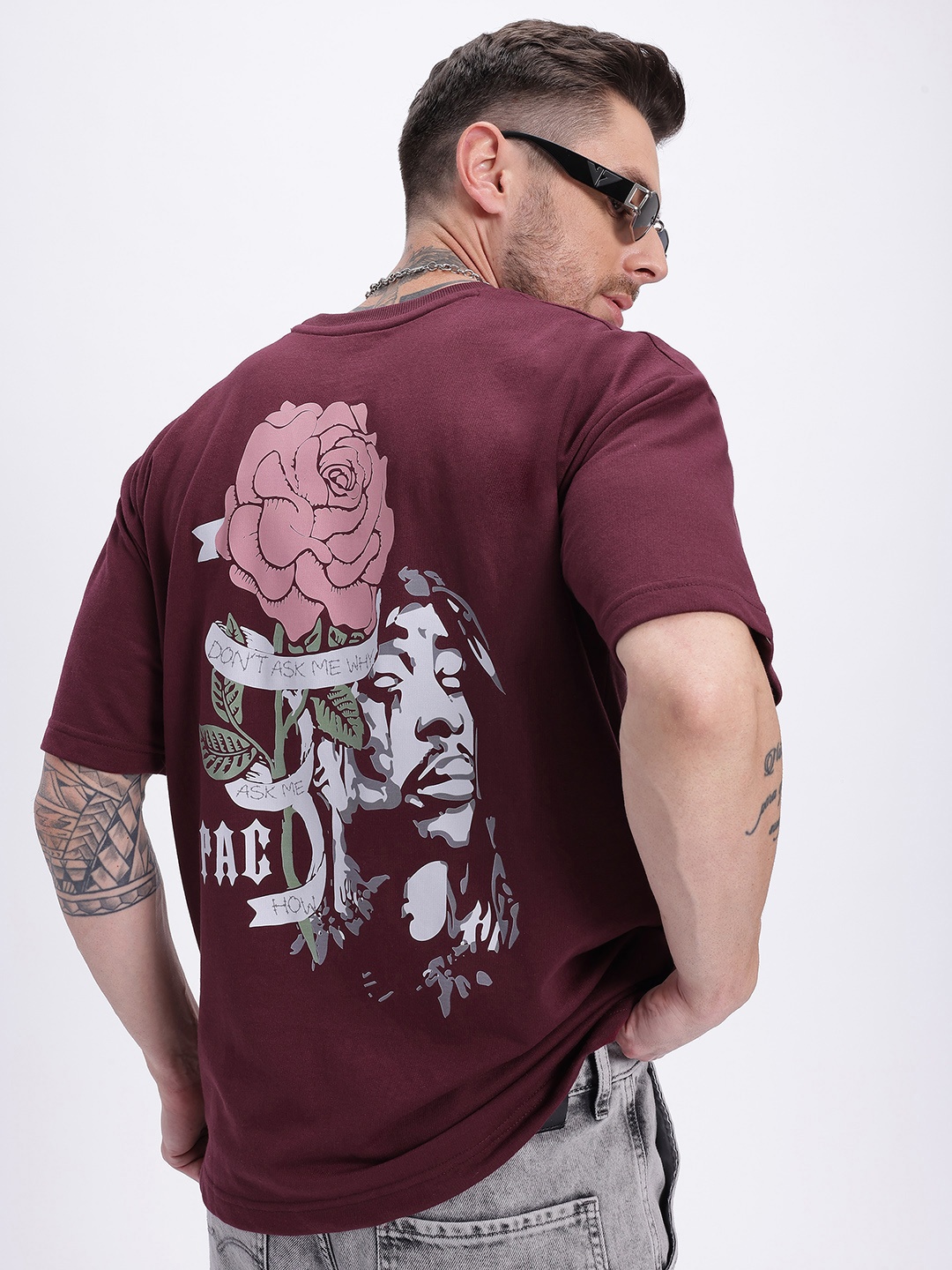 

glitchez Grunge Garden Printed Oversized Fit T-shirt, Maroon