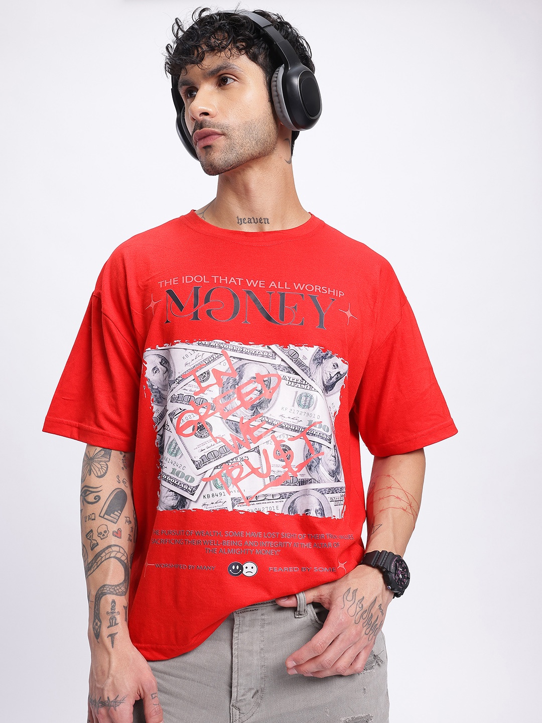 

glitchez Money Paradise Printed Oversized T-shirt, Red