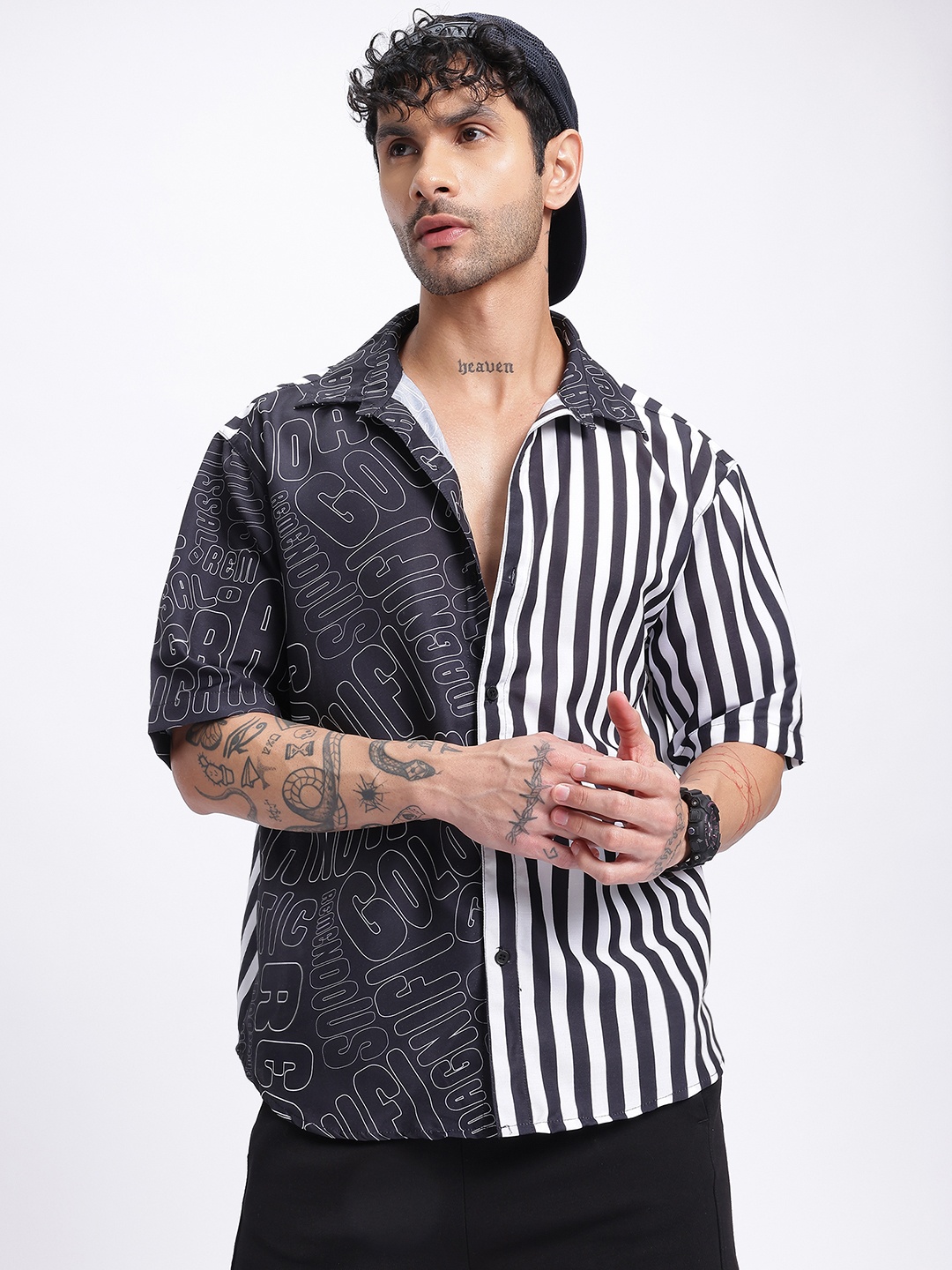 

glitchez Bold Stripes Monochrome Relaxed Shirt, Black