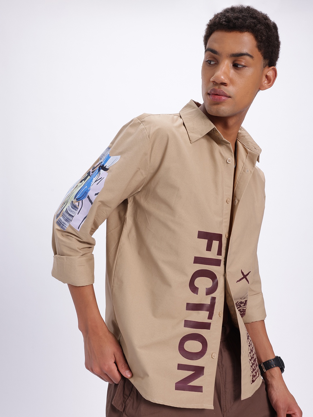 

glitchez Placement Print Relaxed Fit Shirt, Beige