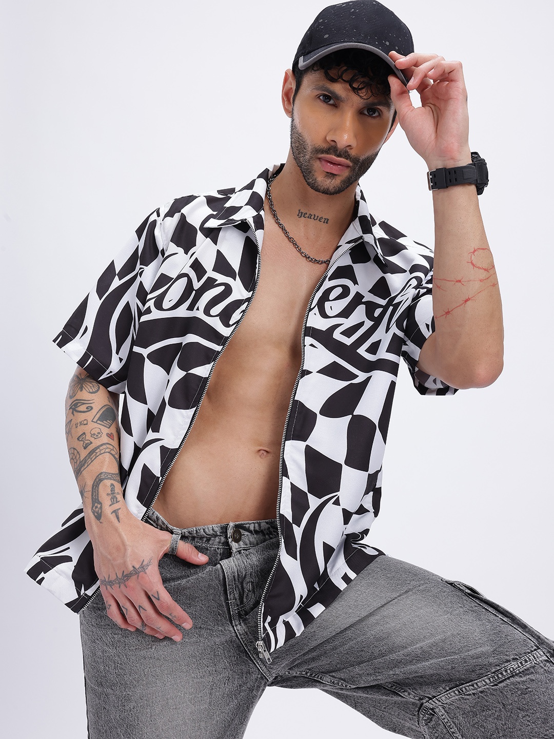 

glitchez Monochrome Vibes Checkered Relaxed Shirt, White