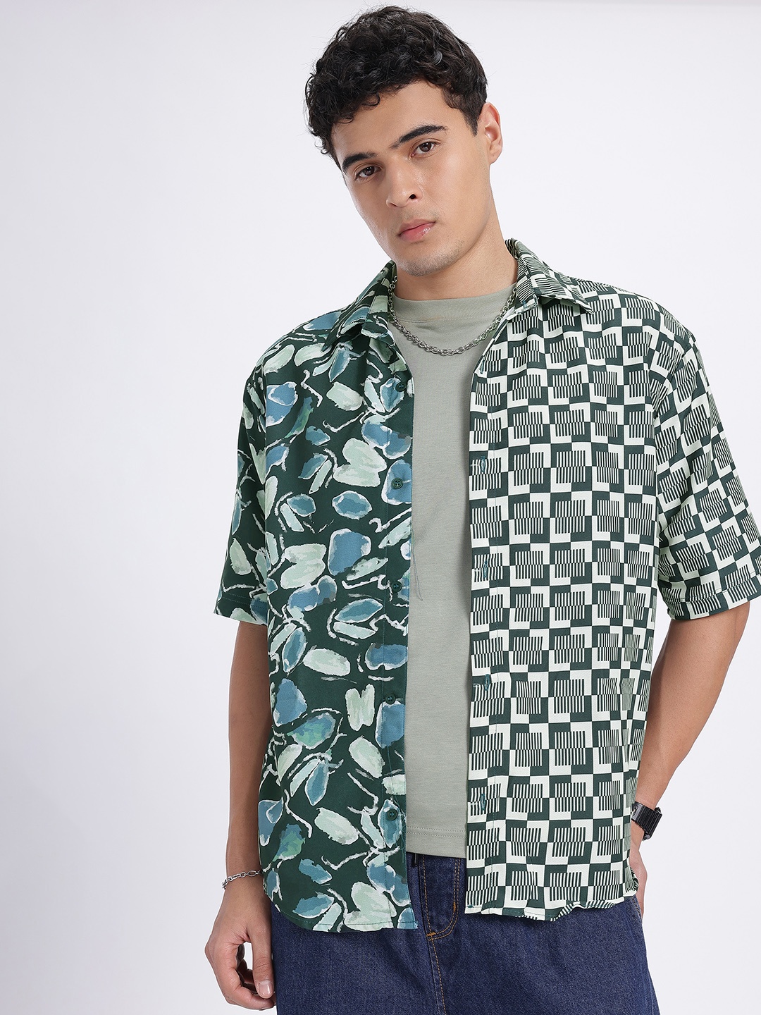 

glitchez Influential Boho Printed Relaxed Fit Casual Shirt, Green