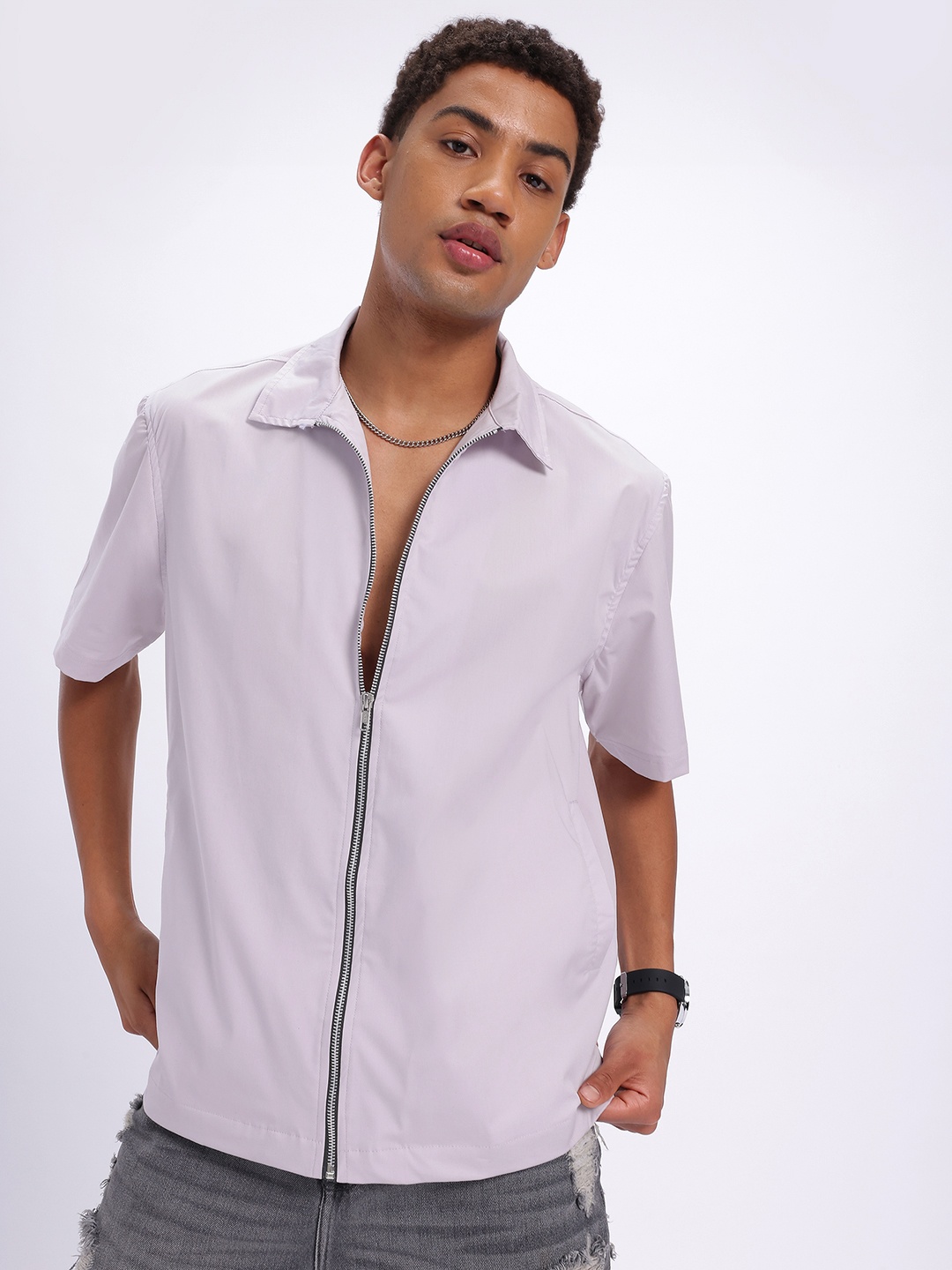 

glitchez Urban Utility Zip Closure Relaxed Fit Shirt, Grey