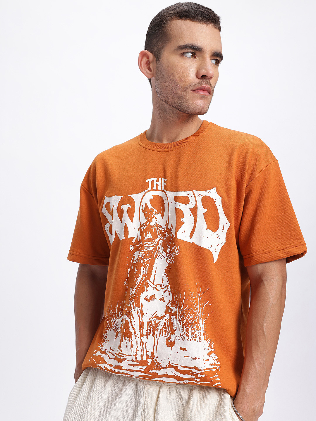 

glitchez Humor Hustle Printed Oversized T-shirt, Orange