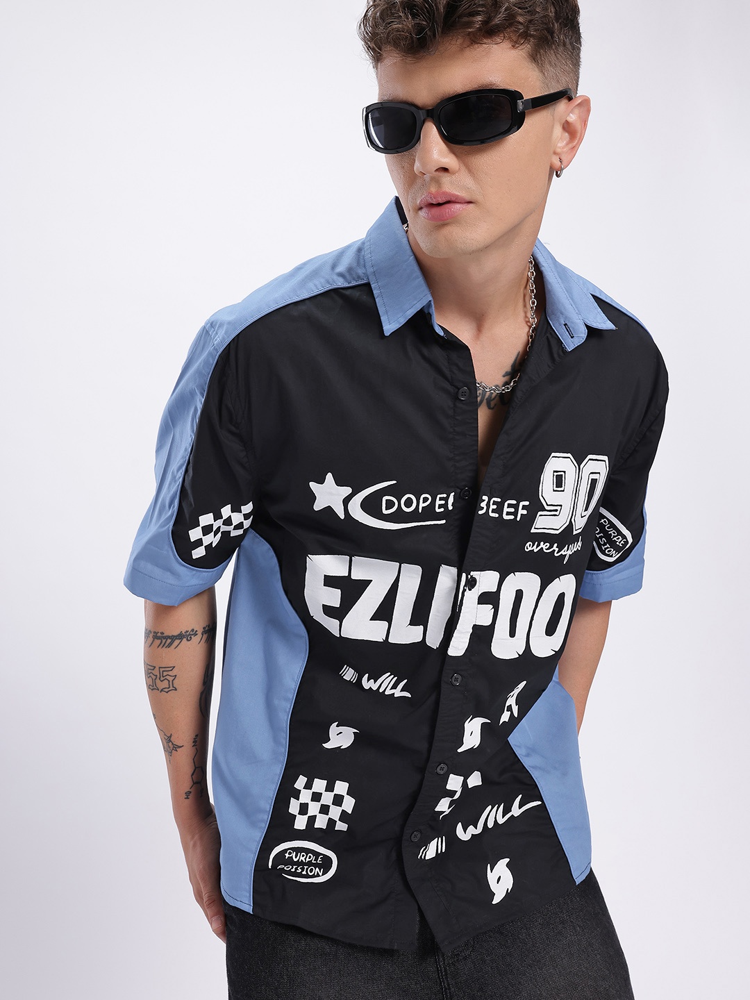 

glitchez Vivid Edge Printed Colorblocked Detail Relaxed Shirt, Black