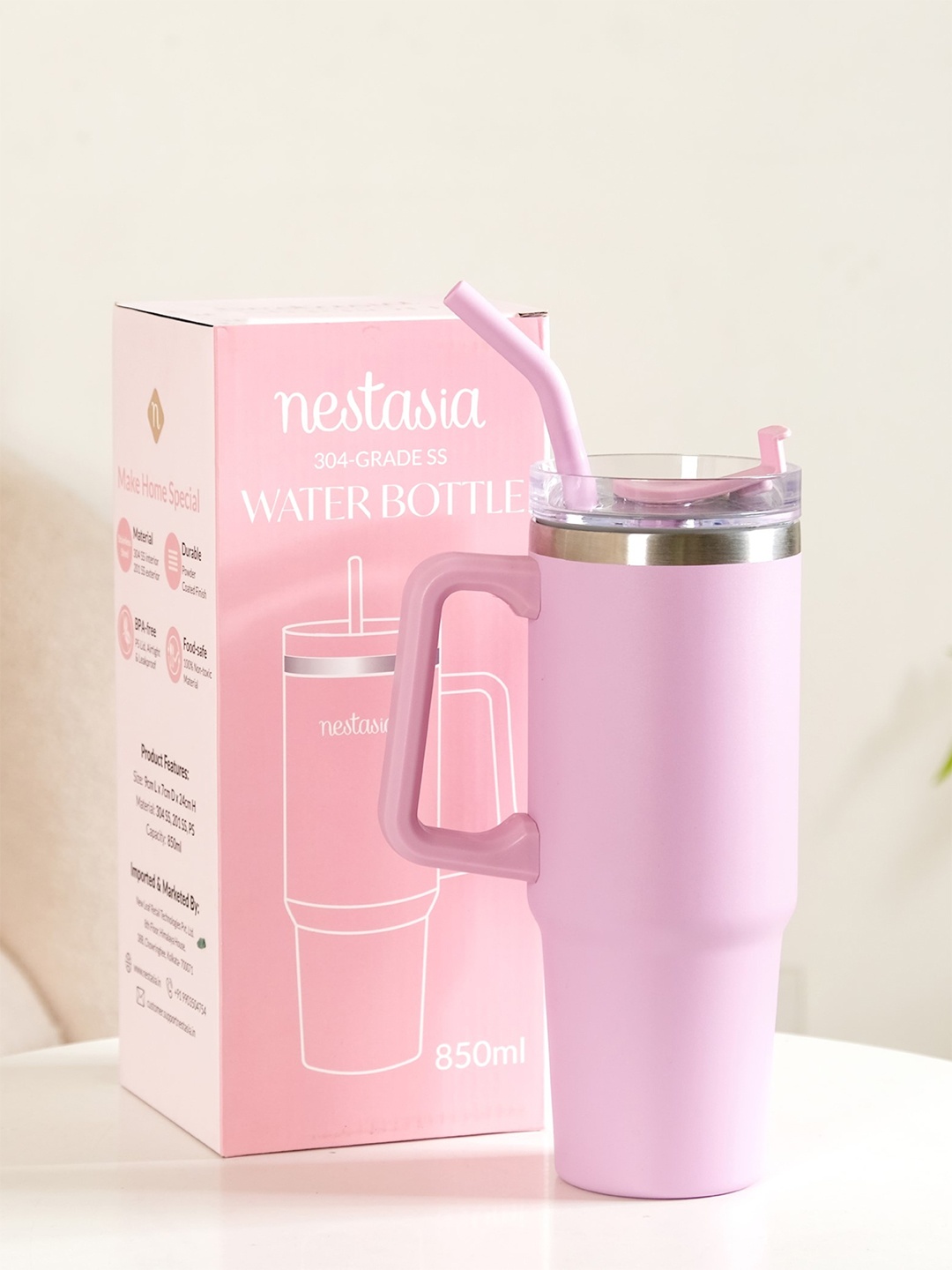 

Nestasia Pink Insulated Stainless Steel Water Bottle With Metal Straw Baby Rose 850ml