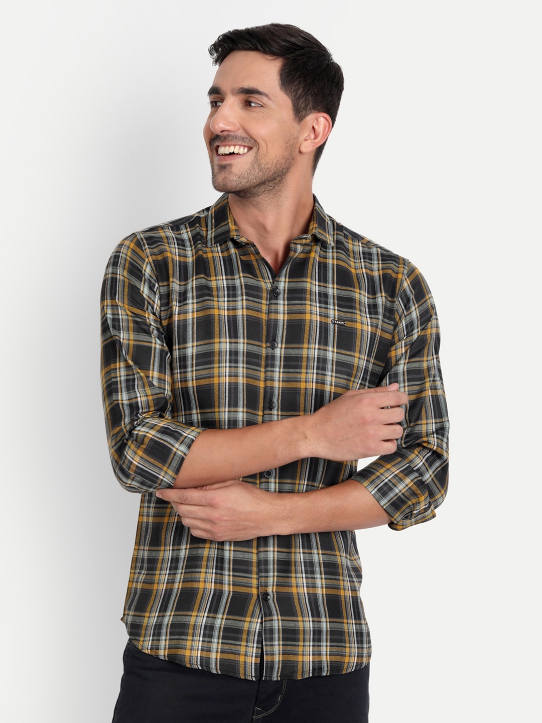 

Tanip Men Comfort Sheer Checked Casual Shirt, Black