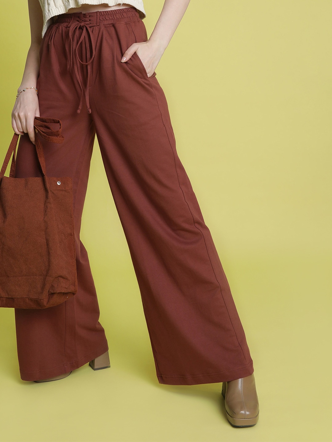 

Bene Kleed Women Wide leg Trousers with Waist Band Detailing, Brown