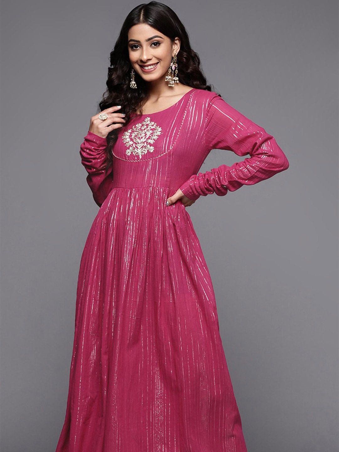 

Varanga Floral Yoke Design Cotton Anarkali Kurta, Fuchsia