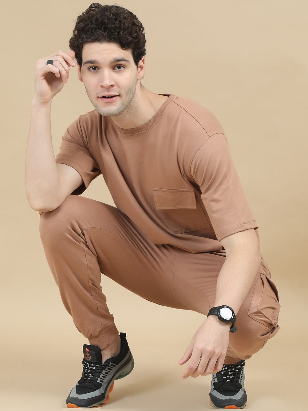 

Bushirt Oversized Fit Pure Cotton T-Shirt With Joggers Co-Ords, Brown