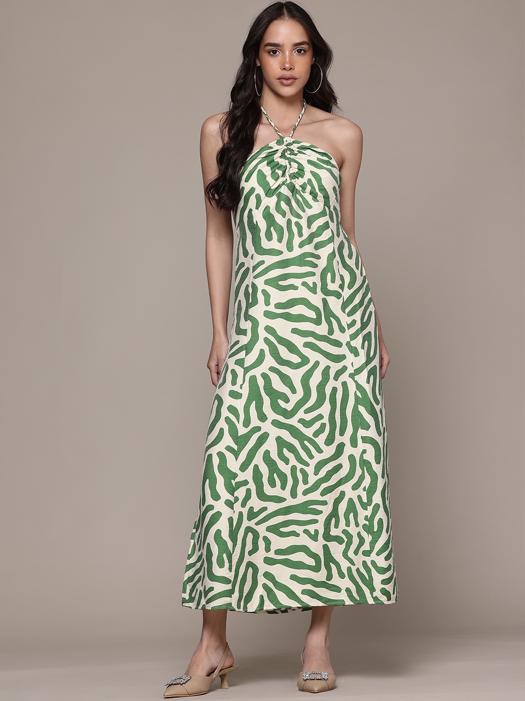 

MANGO Print Halter Neck Sheath Maxi Dress, Cream