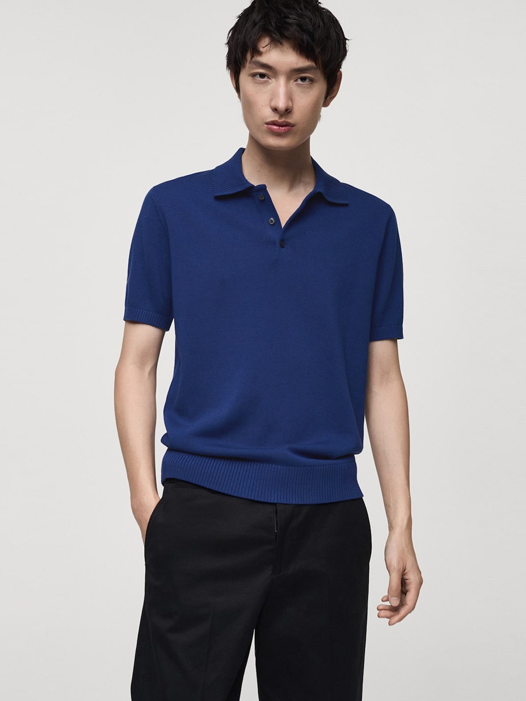 

MANGO MAN Polo CollarPure Cotton Knitted T-shirt, Navy blue