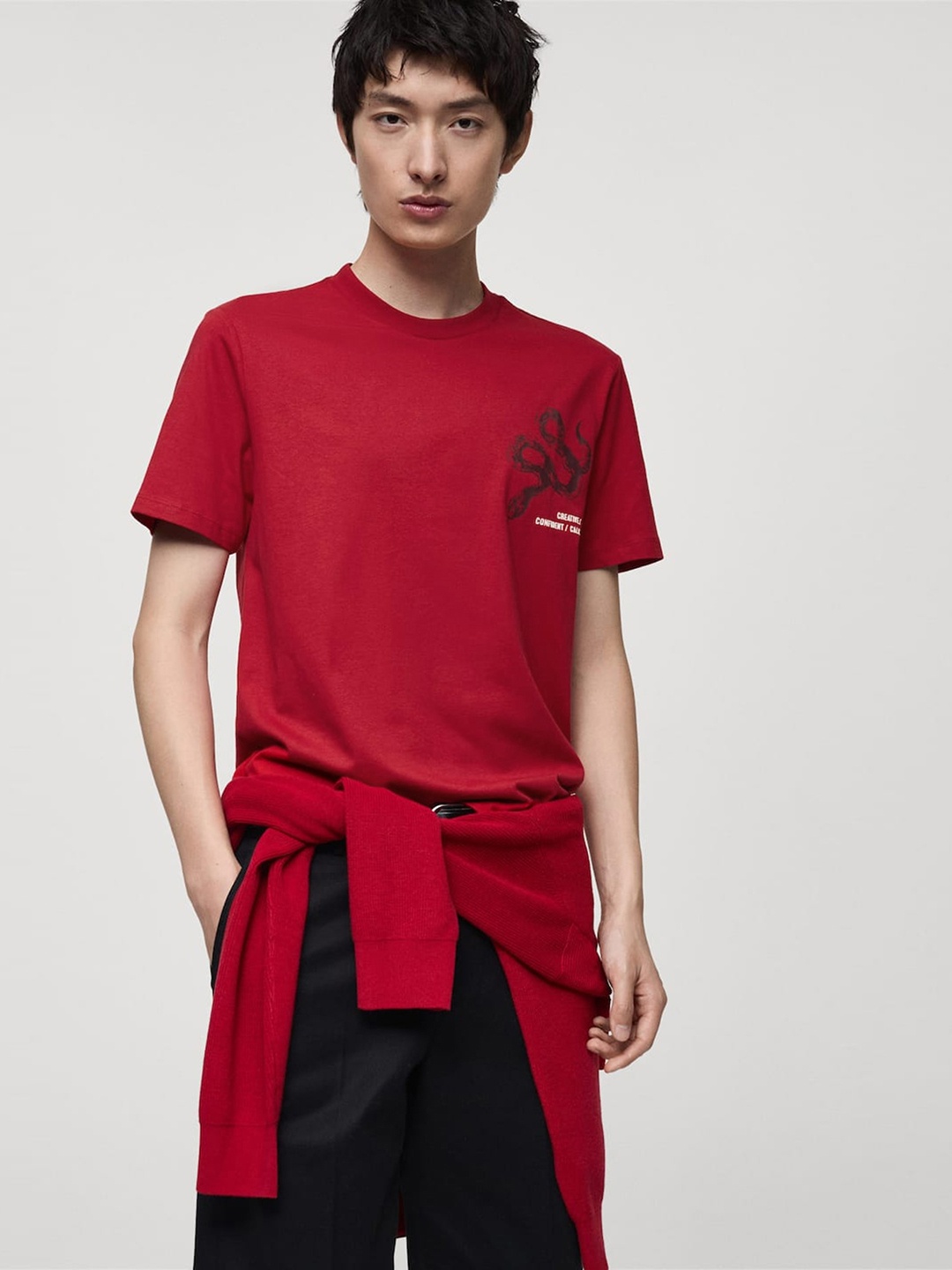 

MANGO MAN Printed Pure Cotton T-shirt, Red
