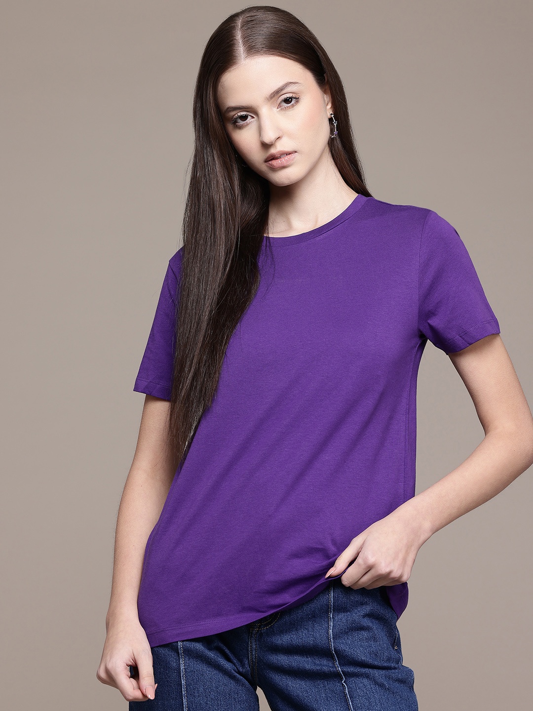 

MANGO Solid Pure Cotton T-shirt, Purple