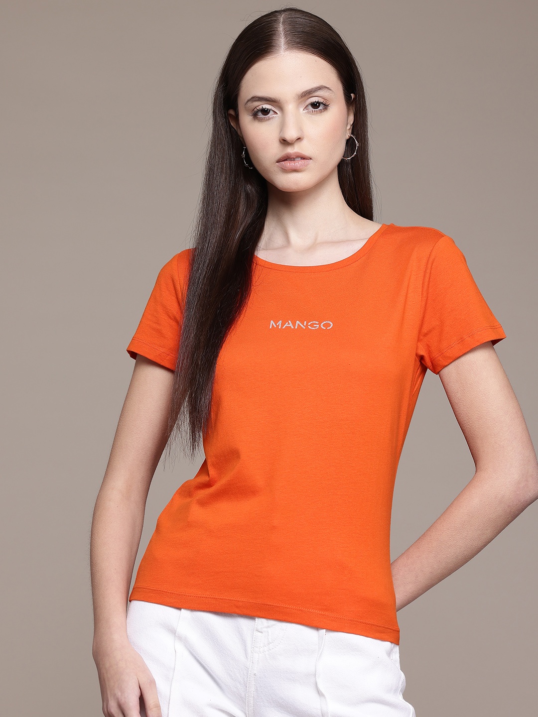 

MANGO Brand Logo Printed Pure Cotton T-shirt, Orange