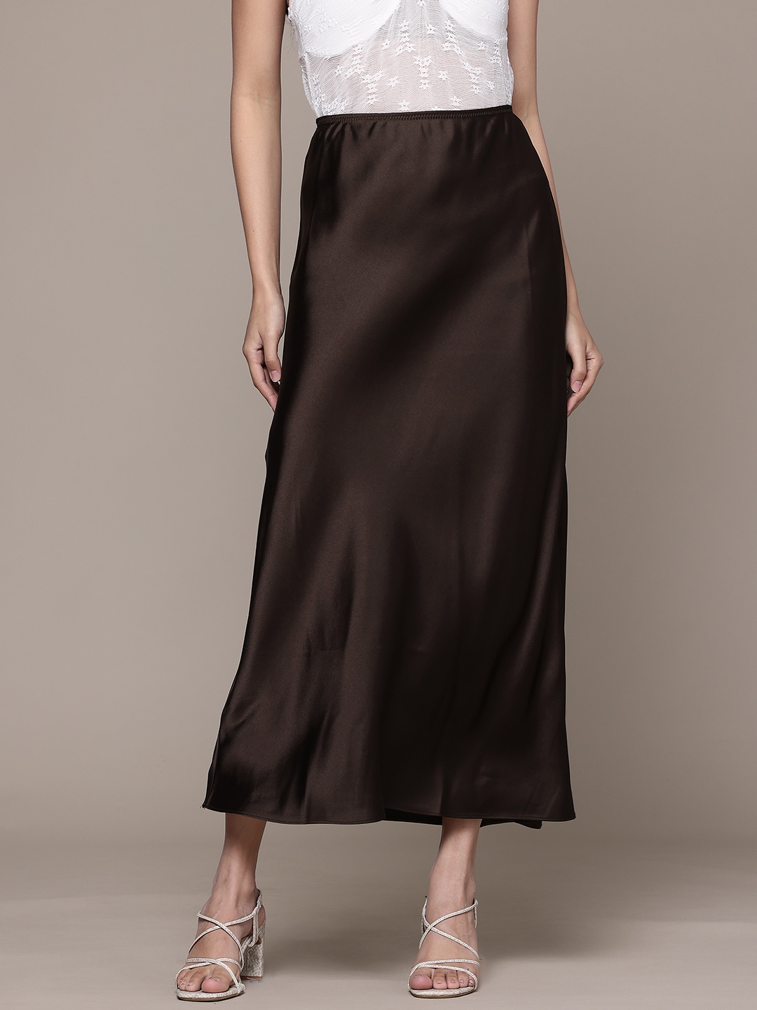 

MANGO Satin-Finish Straight Midi Skirt, Brown