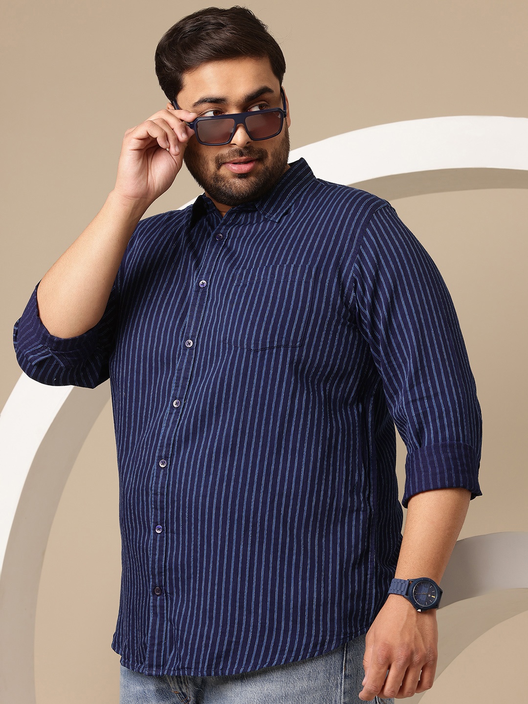 

Sztori Men Plus Size Striped Casual Shirt, Navy blue